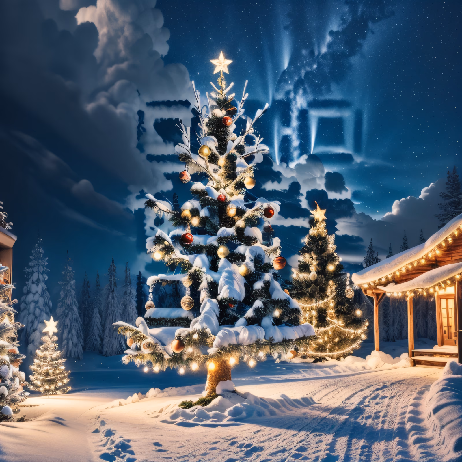 雪中圣诞树夜景冬季二维码设计，适用于贺卡 — 图片 1