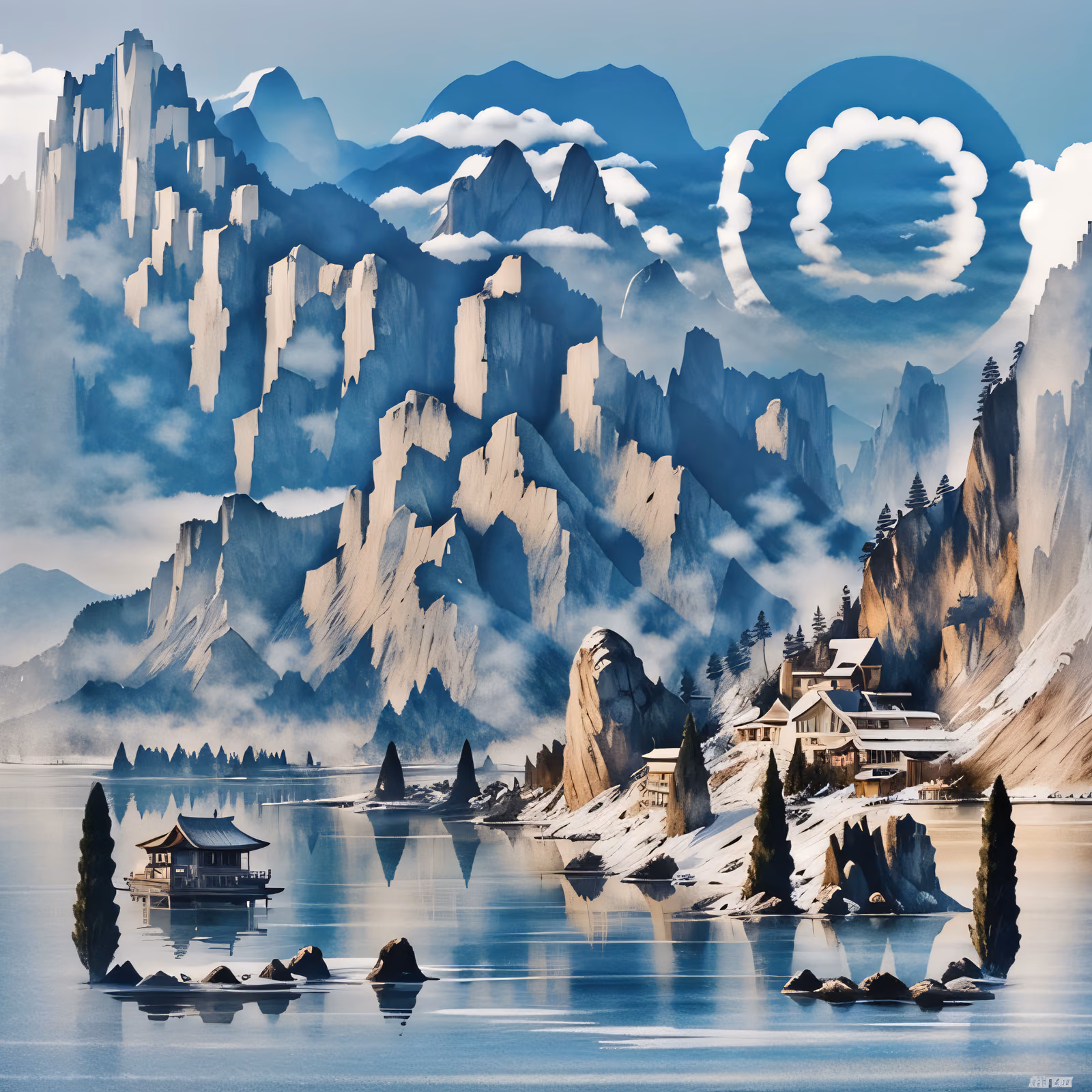 Misty Mountain Lake Ink Landscape QR Code Art — image 1
