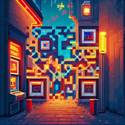 Неоновый QR-код для постеров: пиксельная аллея с игровыми автоматами