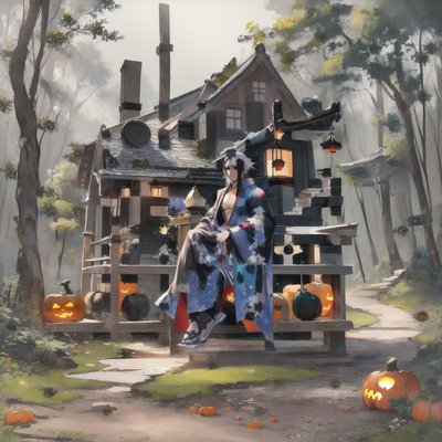 Kimono Man Halloween Village QR Code for Posters