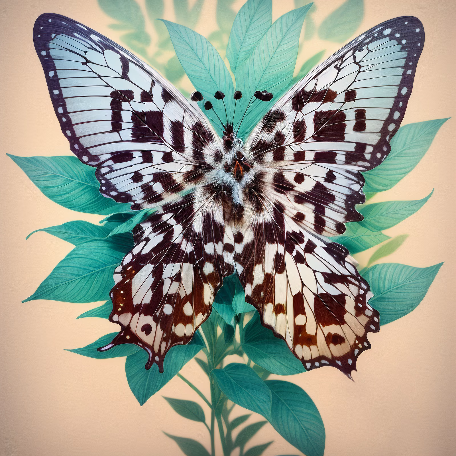 White Butterfly Teal Leaves Painting QR Code Art — image 1