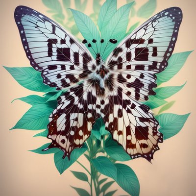 White Butterfly Teal Leaves Painting QR Code Art