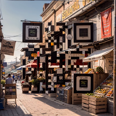 Фотореалистичный QR-код с солнечной рыночной улицей для постеров — изображение 1