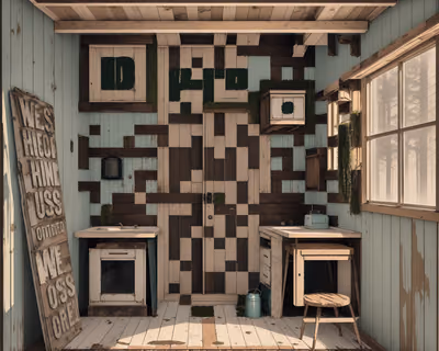 Retro Mountain Cabin Interior QR Code Art — image 1