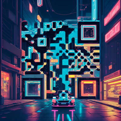 Киберпанк: неоновая улица из пикселей, QR-код для постеров — изображение 1