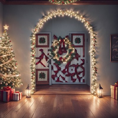 Christmas Door Wreath Digital Painting QR Code for Greeting Cards