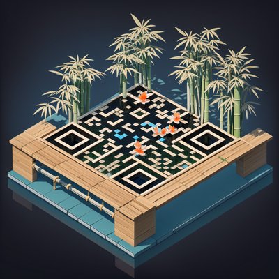 Isometric Bamboo Pond Diorama QR Code Art