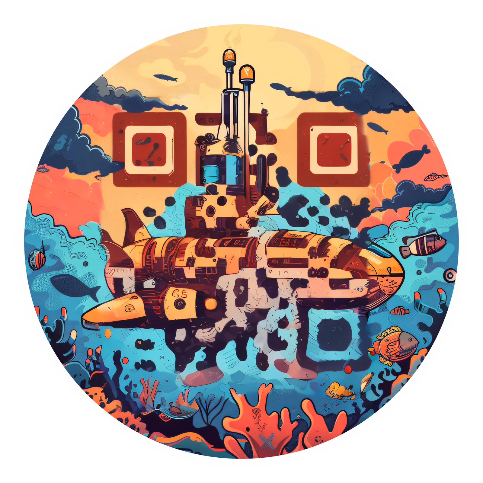 Old School Submarine Vector Underwater QR Code for Stickers — image 1