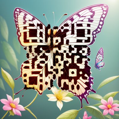 Бабочка и цветы, цифровая живопись, QR-код