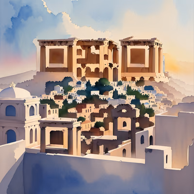 Athens Acropolis Sunset Watercolor QR Code Art — image 1