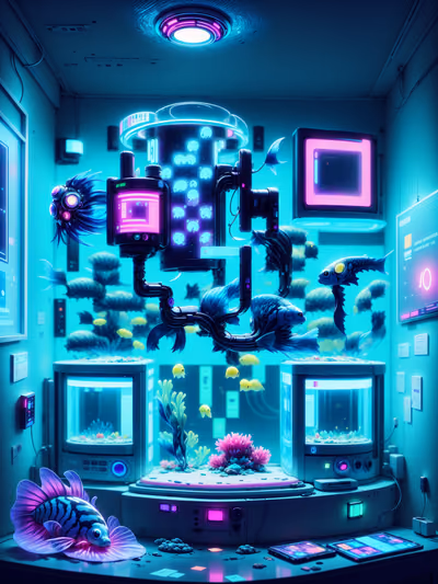 Cyberpunk Aquarium Fish Exhibit QR Code for Posters — image 1