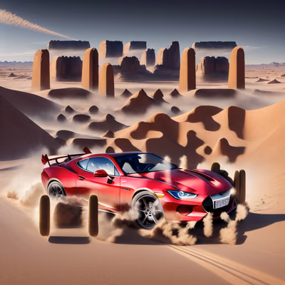 Red Sports Car Desert Painting QR Code for Posters — image 1