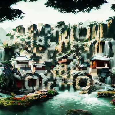 Chinese Mountain Village Landscape QR Code Art