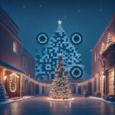 雪镇圣诞树夜景二维码艺术,适用于贺卡