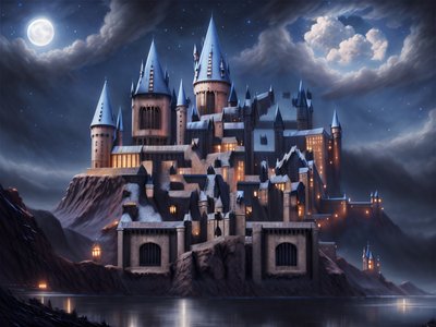 Moonlit Fantasy Castle Digital Painting QR Code for Posters