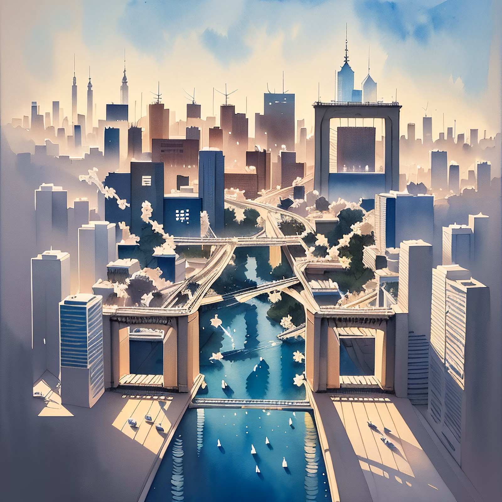 Watercolor City Bridge Skyline QR Code Art — image 1