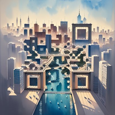 Watercolor City Bridge Skyline QR Code Art