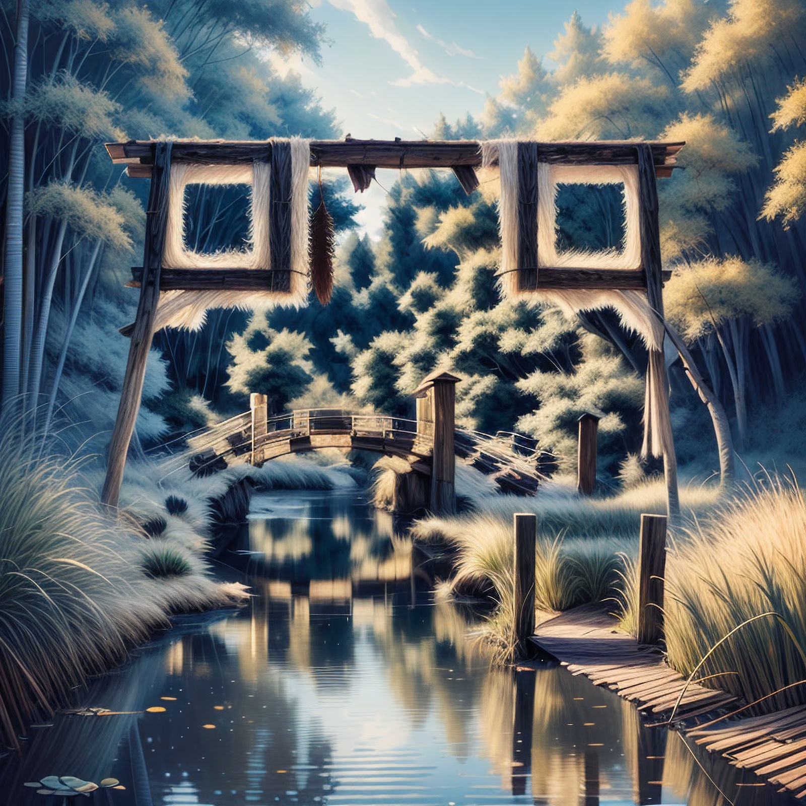 Riverside Wooden Bridge Fantasy QR Code Art — image 1