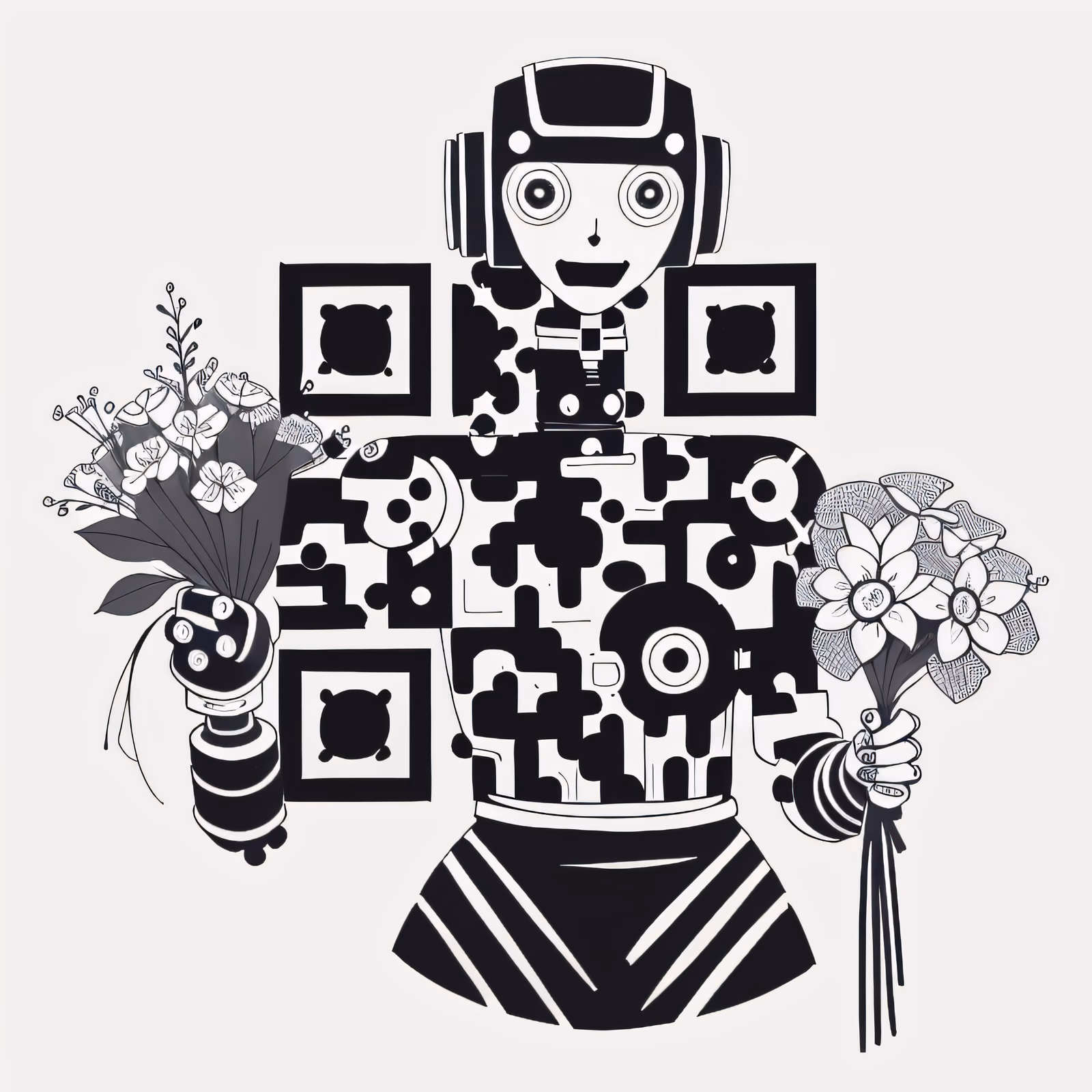 Робот с букетами: QR-код для временных татуировок в стиле чернил — изображение 1