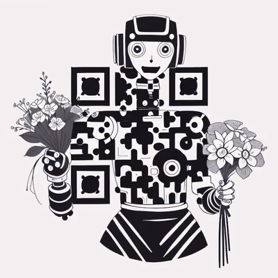 Робот с букетами: QR-код для временных татуировок в стиле чернил — изображение 1