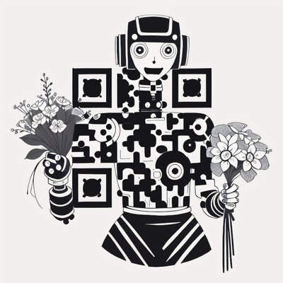 Robot Holding Bouquet Ink Tattoo QR Code for Temporary Tattoos