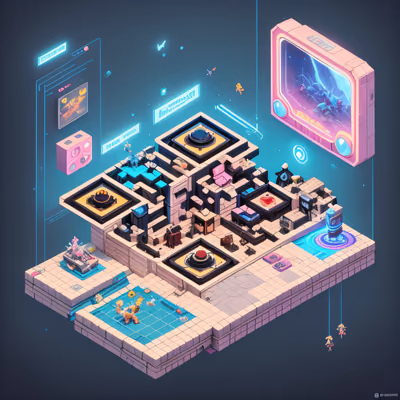 Isometric Retro Game Room QR Code Poster — image 1