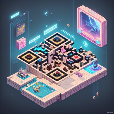 Изометрическая комната ретро-игр: постер с QR-кодом