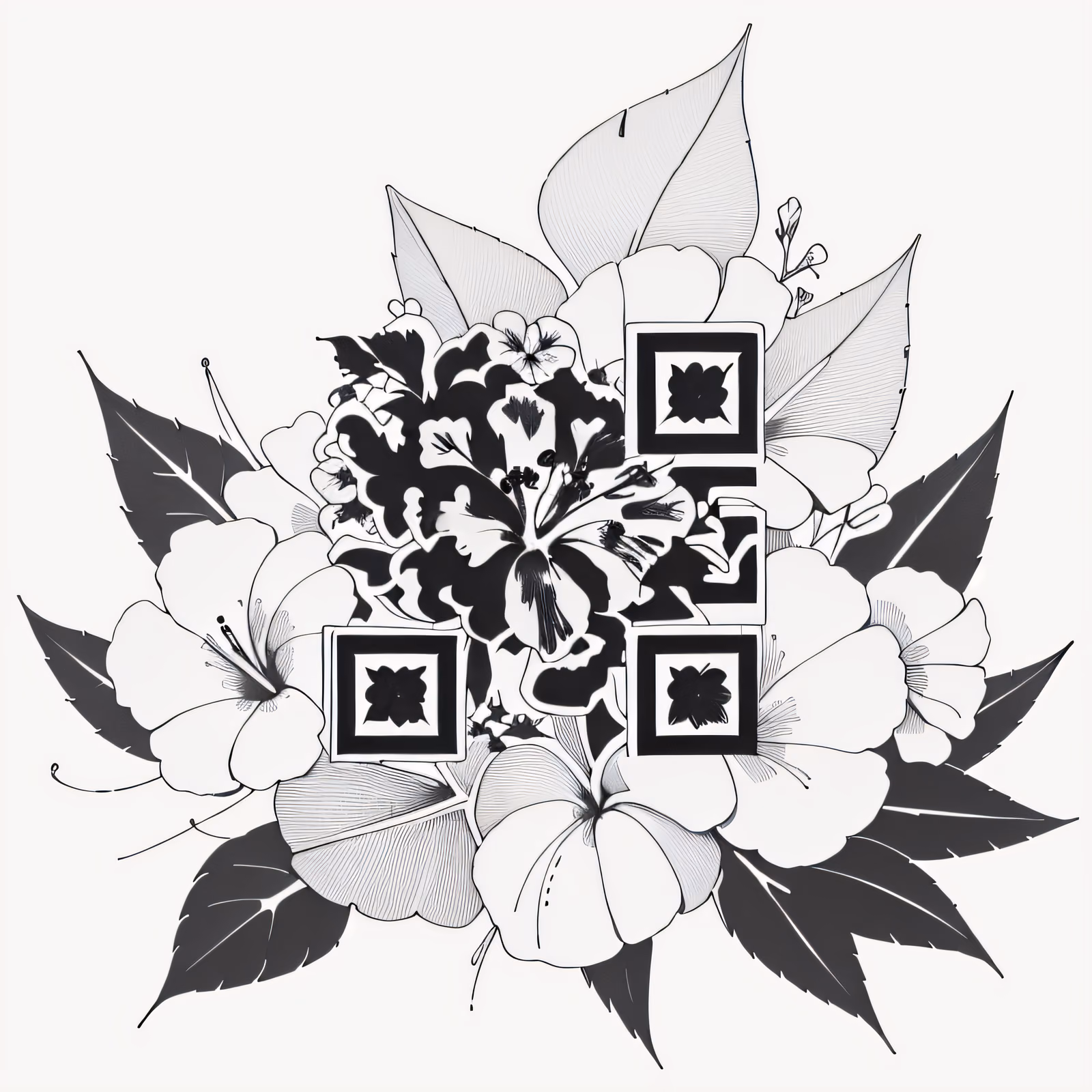 Тропический гибискус и листья в стиле тату: QR-код для временных татуировок — изображение 1