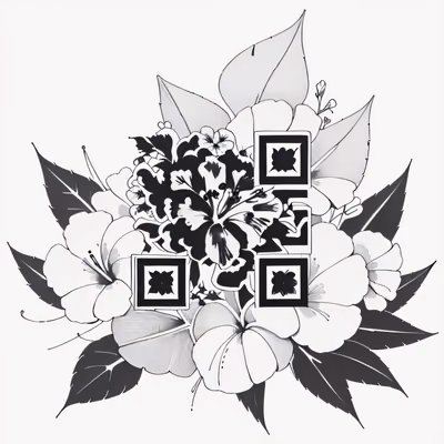 Тропический гибискус и листья в стиле тату: QR-код для временных татуировок — изображение 1