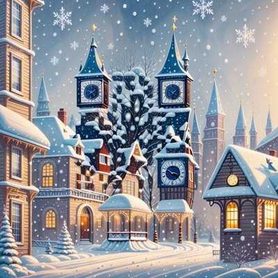 Snowy Clock Tower Town Christmas QR Code for Greeting Cards