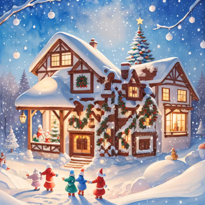 Snowy Christmas Cottage Painting Kids QR Code for Greeting Cards — image 1