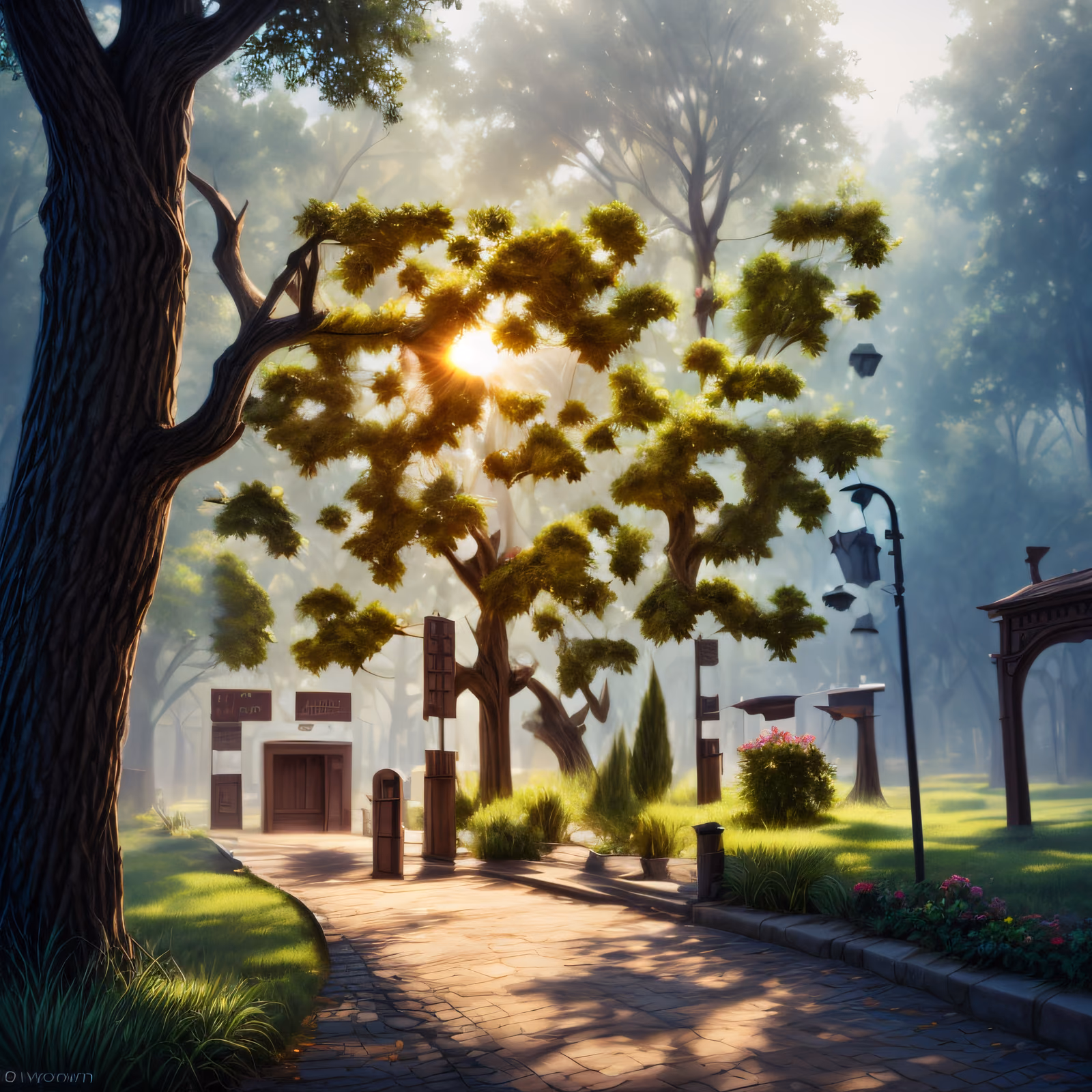 Foggy Park Path Sunrise QR Code Art — image 1