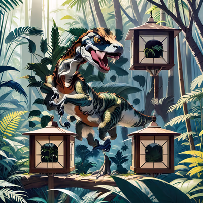 Velociraptor Jungle Cartoon QR Code for Posters — image 1