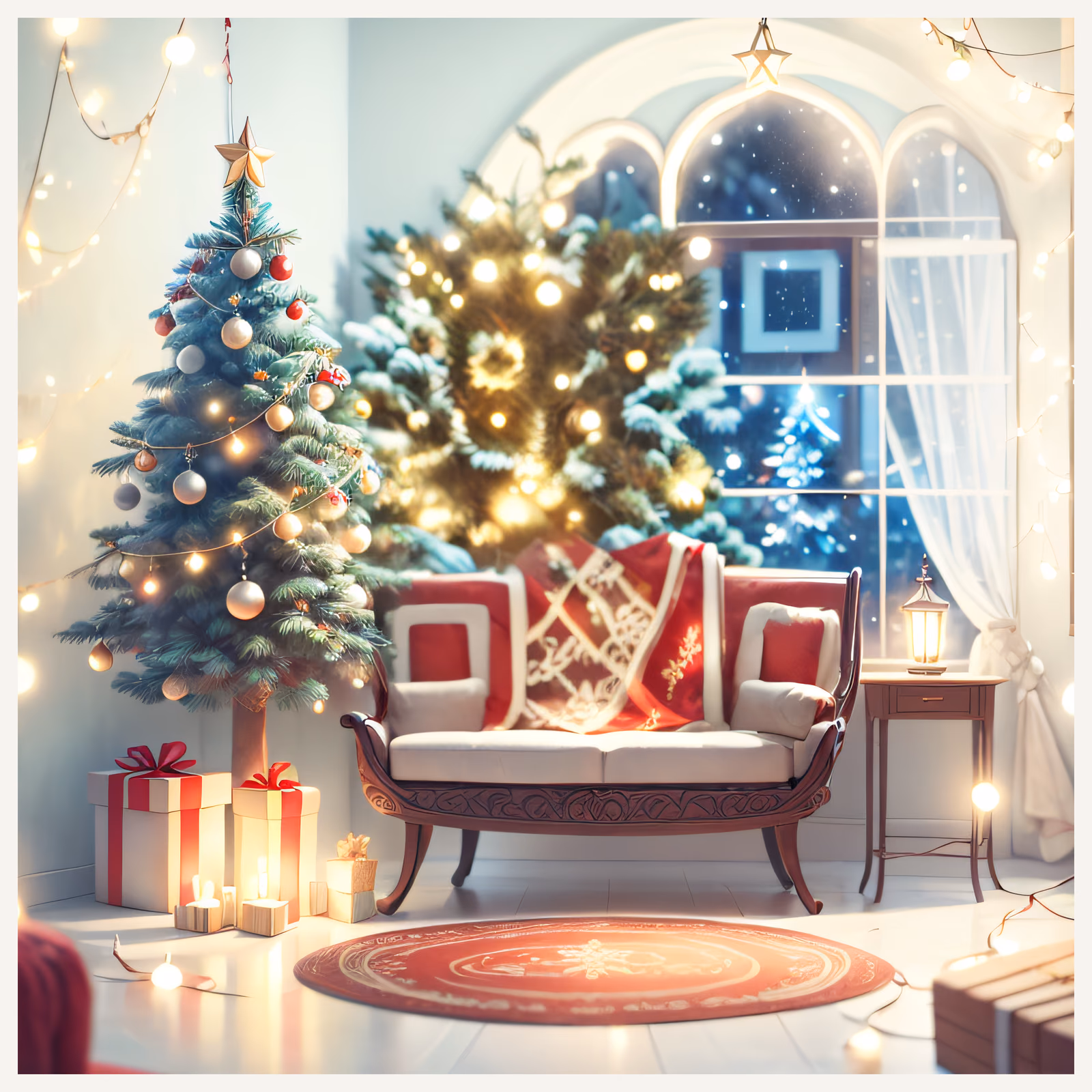 Cozy Christmas Living Room Painting QR Code for Greeting Cards — image 1