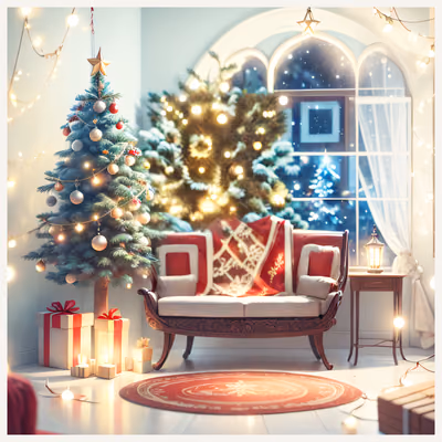 Cozy Christmas Living Room Painting QR Code for Greeting Cards — image 1