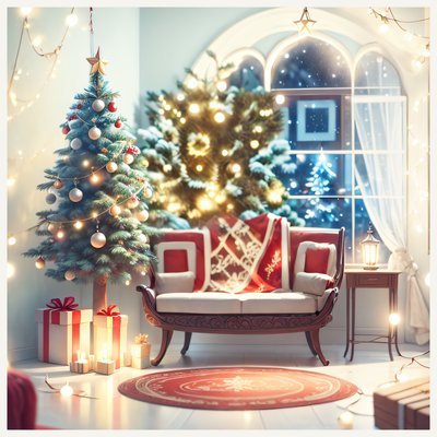 Cozy Christmas Living Room Painting QR Code for Greeting Cards