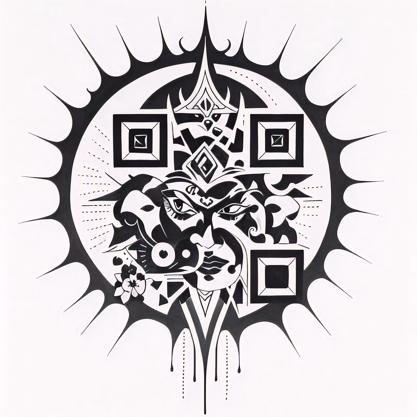 QR-код с солнцем и племенным лицом для временных татуировок — изображение 1