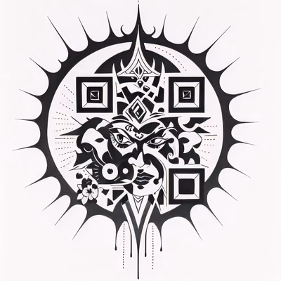 QR-код с солнцем и племенным лицом для временных татуировок — изображение 1