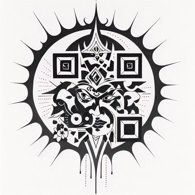 QR-код с солнцем и племенным лицом для временных татуировок