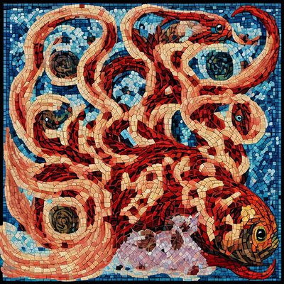 Red Fish and Tentacles Mosaic QR Code Art