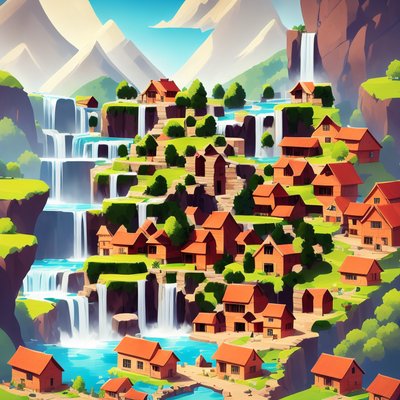 Горная деревня у водопада, векторный QR-код для постеров