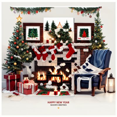 Christmas Fireplace Cartoon QR Code for Greeting Cards