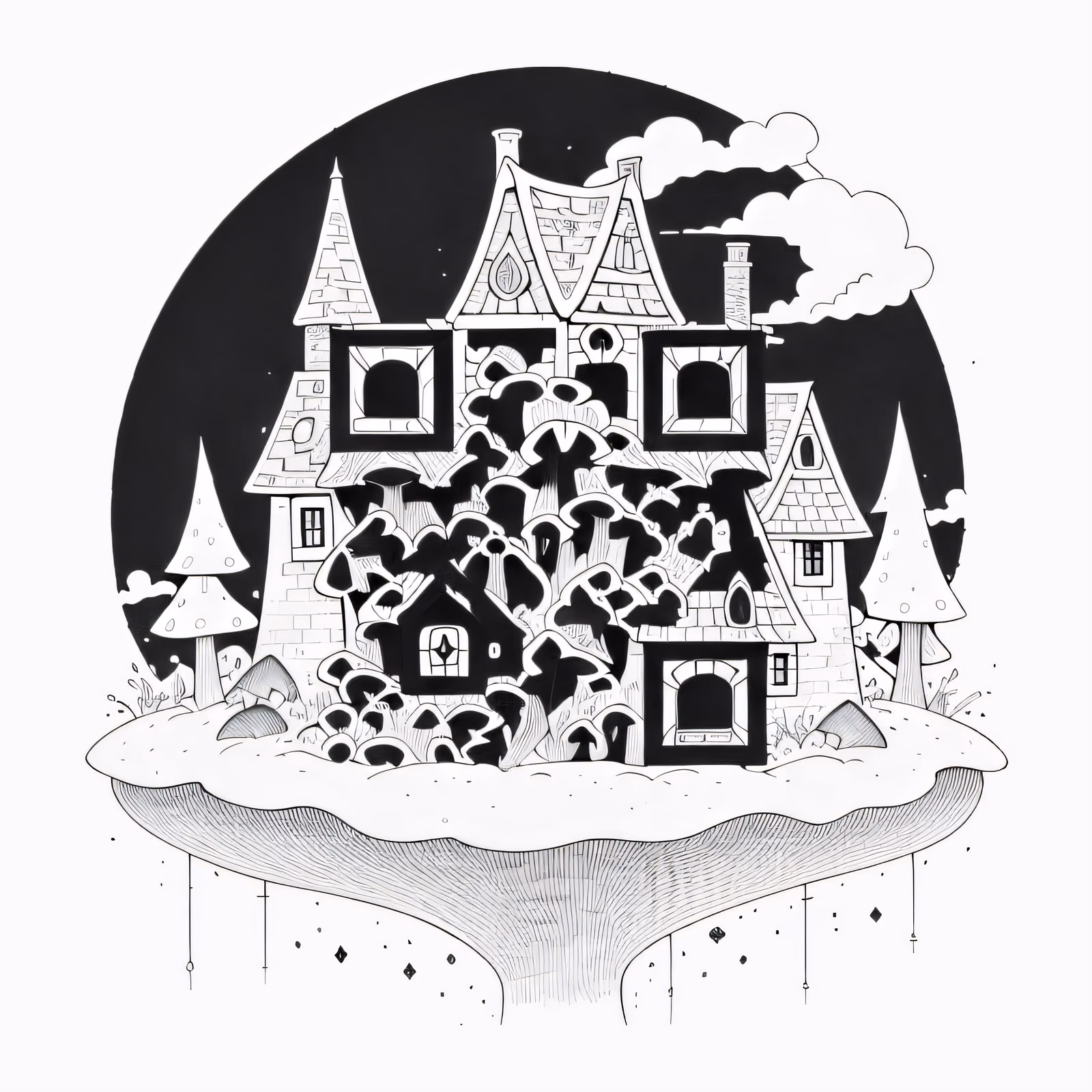 Дом-гриб в технике рисунка тушью: QR-код для временных татуировок — изображение 1