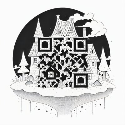 蘑菇屋水墨线描二维码艺术,适合临时纹身