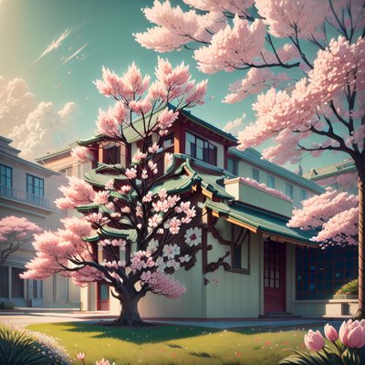 Cherry Blossom House Digital Painting QR Code Art