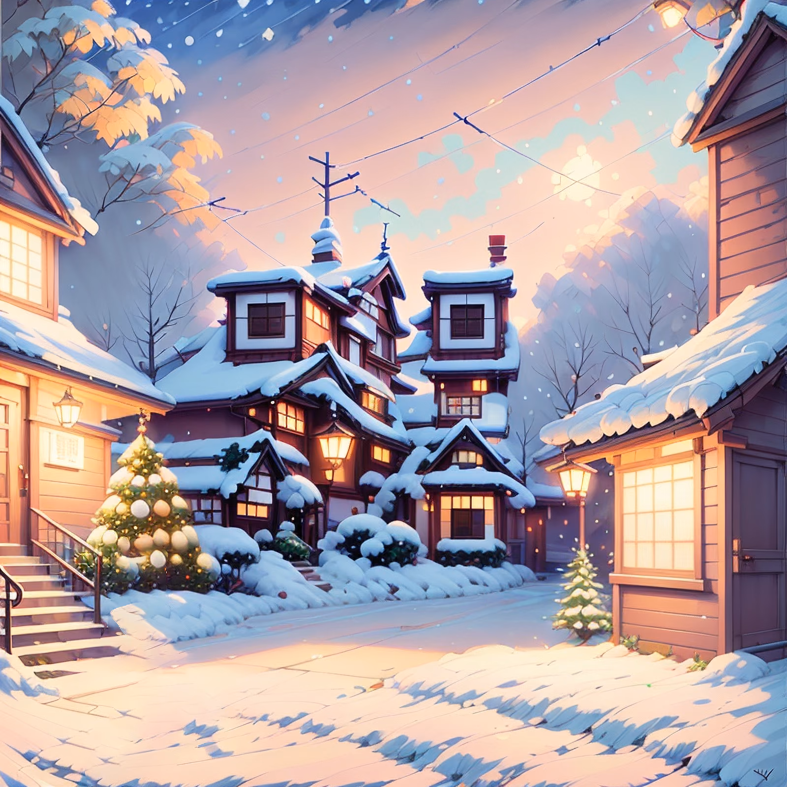 Snowy Christmas Village Painting Lantern QR Code for Greeting Cards — image 1