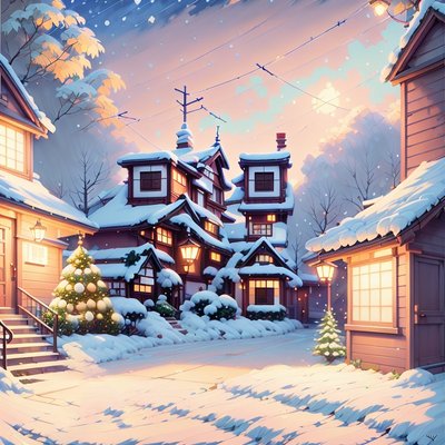 Snowy Christmas Village Painting Lantern QR Code for Greeting Cards