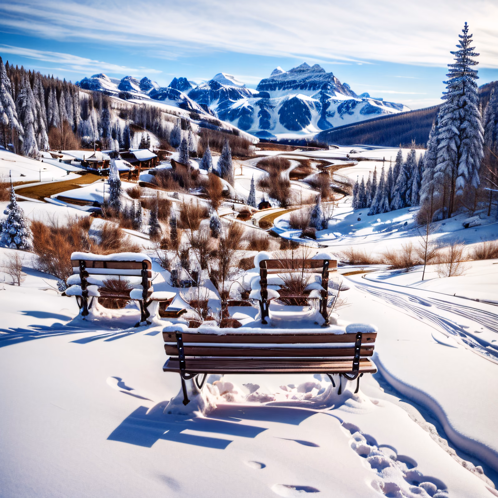 Snowy Mountain Benches Winter QR Code Art — image 1