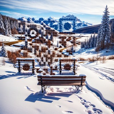Snowy Mountain Benches Winter QR Code Art