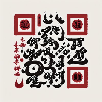 Каллиграфия тушью с красной печатью, QR-код
